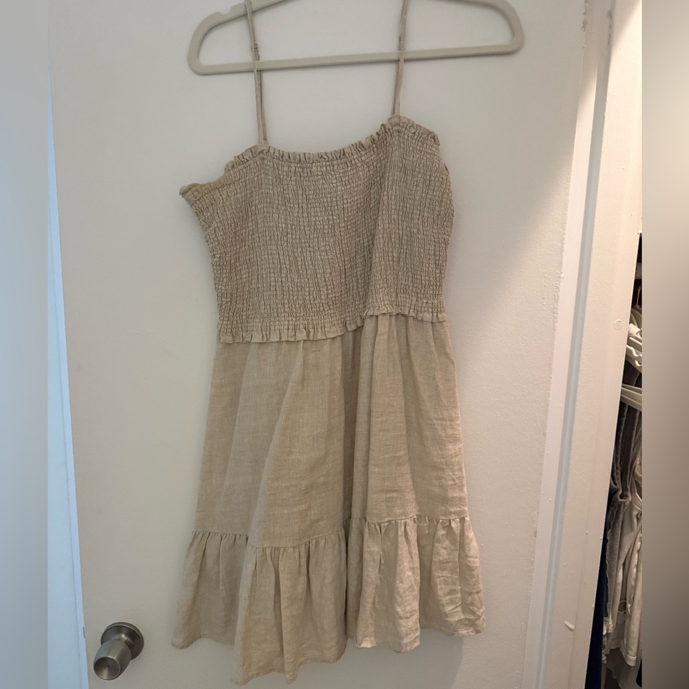 Aritzia Linen Beige Sleeveless Smocked Dress